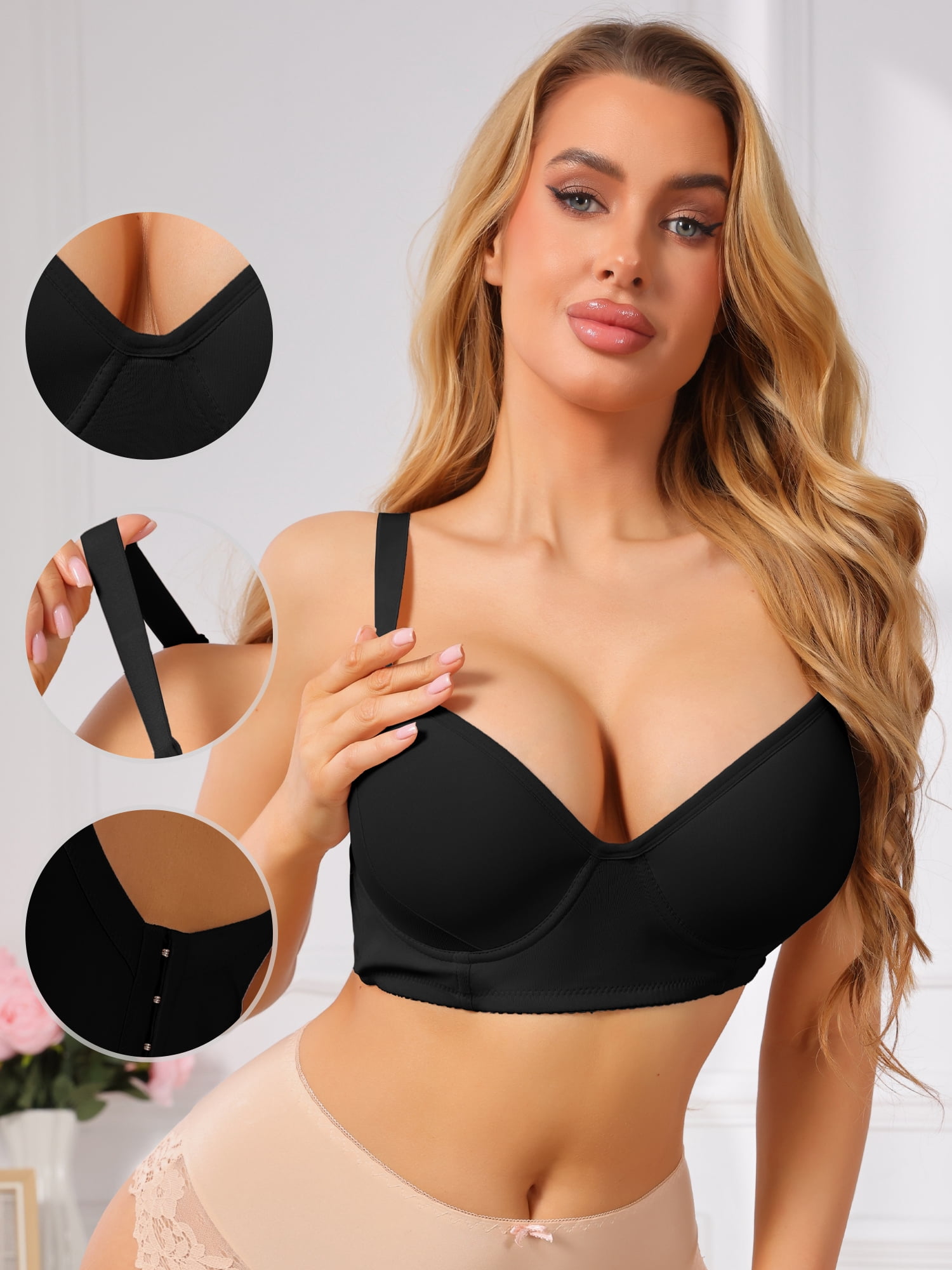 DARING DIVA Women's Push Up Underwire Full Coverage 5 Row Hook Back Bra B 40 Black