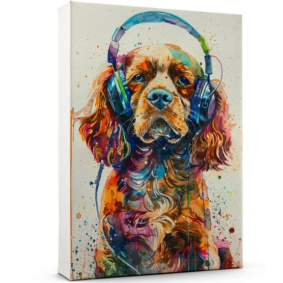 Sussex Spaniel Headphone Wall Art Dog Wall Poster, Sussex Spaniel Canvas Art Wall Art, Dog Wallpaper for Teen Boys Bedroom Living Bathroom