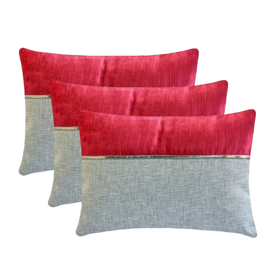 The HomeCentric Decorative Lumbar Pillow Cover Red & Grey, 12"x22" (30x55 cm) Linen Patchwork, Corduroy, Linne Oblong Pillow Cover, Patchwork Modern Style - Berry Bliss Red