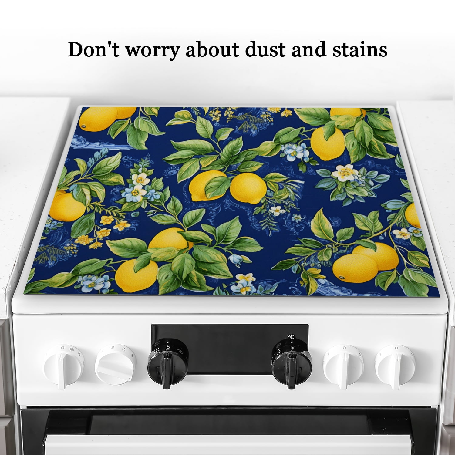 Glasstop Stove Covers, Vintage Lemon And Flowers on Blue Background, Glass Induction Cooktop Protector mat, Non-slip Foldable Decoration pad for Kitchen RV (28×20 Inch)