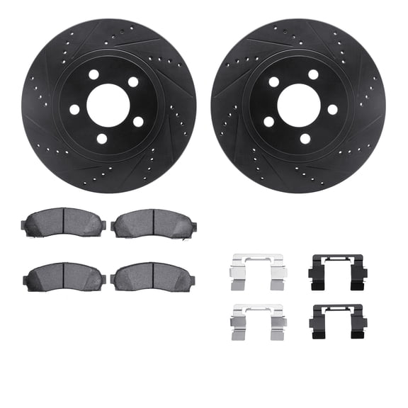 Dynamic Friction Company Front Brake Rotors-Drilled and Slotted-Black with Ultimate Duty Performance Brake Pads includes Hardware 8412-54059