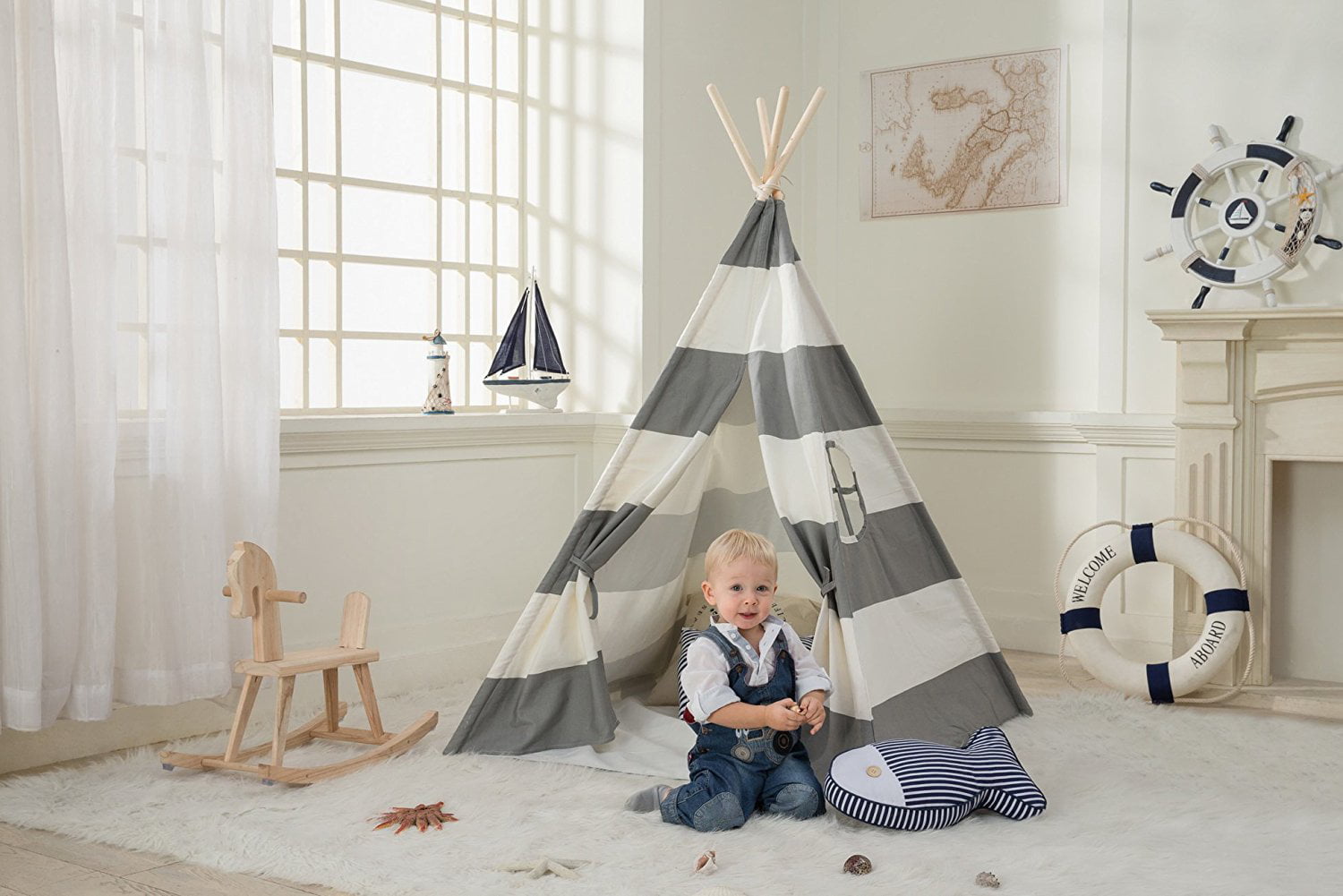 Blue Stripes Hamevik 6' Giant Canvas Kids Indian Play Teepee Indoor Tent 