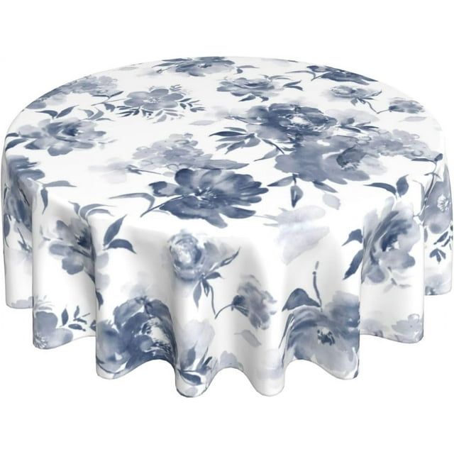 Blue Floral Tablecloth Round 60 Inch Chinoiserie Table Cloth Flowers Table Cloths Waterproof Polyester Spring Summer Tablecover for Home Kitchen Dining Party Picnic Outdoor Decor