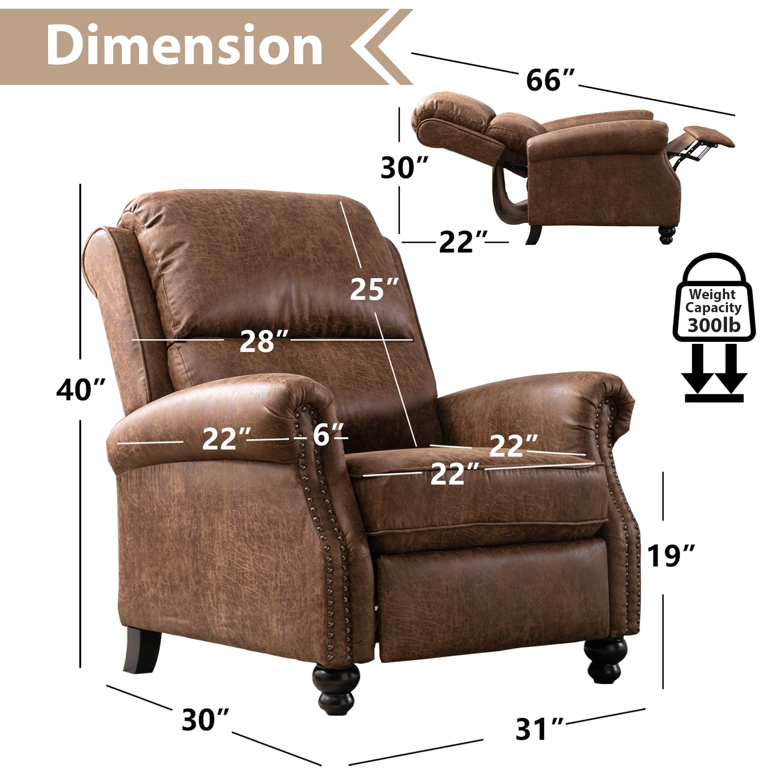 Ebello PU Leather Pushback Recliner Chair with Nailhead Trim - Vintage Style Push Back Lounge Chair for Bedroom & Living Room 350lbs Capacity, Brown