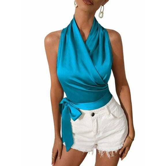 Women'S Satin Blouse Wrap V Neck Sleeveless Tie Side Summer Elegant Crop Tops Blue XL