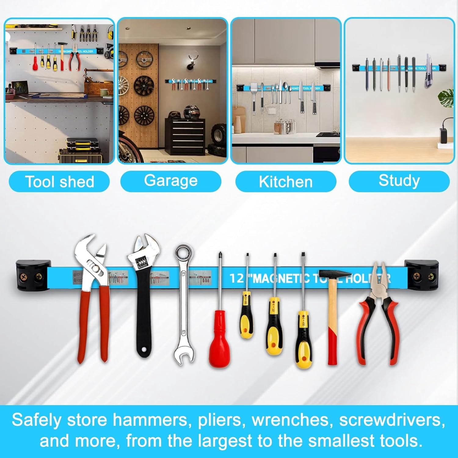 8-Pack 12-Inch Magnetic Tool Holder Strip, Metal Tool Magnet Bar for Garage Organization, Wall-Mounted Tool Organizer Rack for Workshop and Home