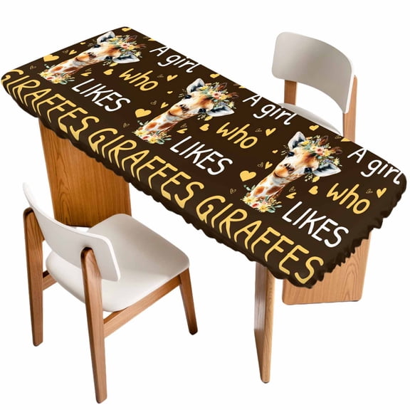 Brown Giraffe Table Cloths for 8 Foot Rectangle Tables, Love Heart Spring Floral Botanical Patio Waterproof Elastic Fitted Tablecloths, Washable Rectangular Table Cover for Camping