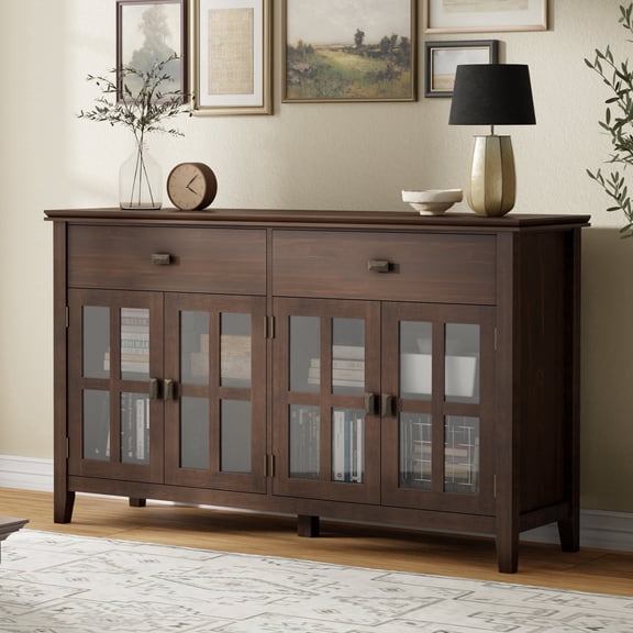 Simpli Home Artisan 60 inch Wide Solid Wood Transitional Large 4 Door Sideboard Buffet in Natural Aged Brown