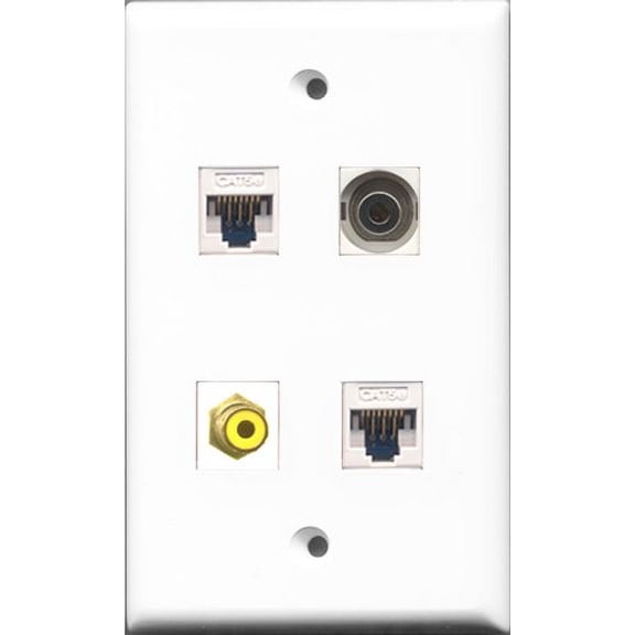 RiteAV - 1 Port RCA Yellow and 1 Port 3.5mm 2 Port Cat5e Ethernet White Wall Plate