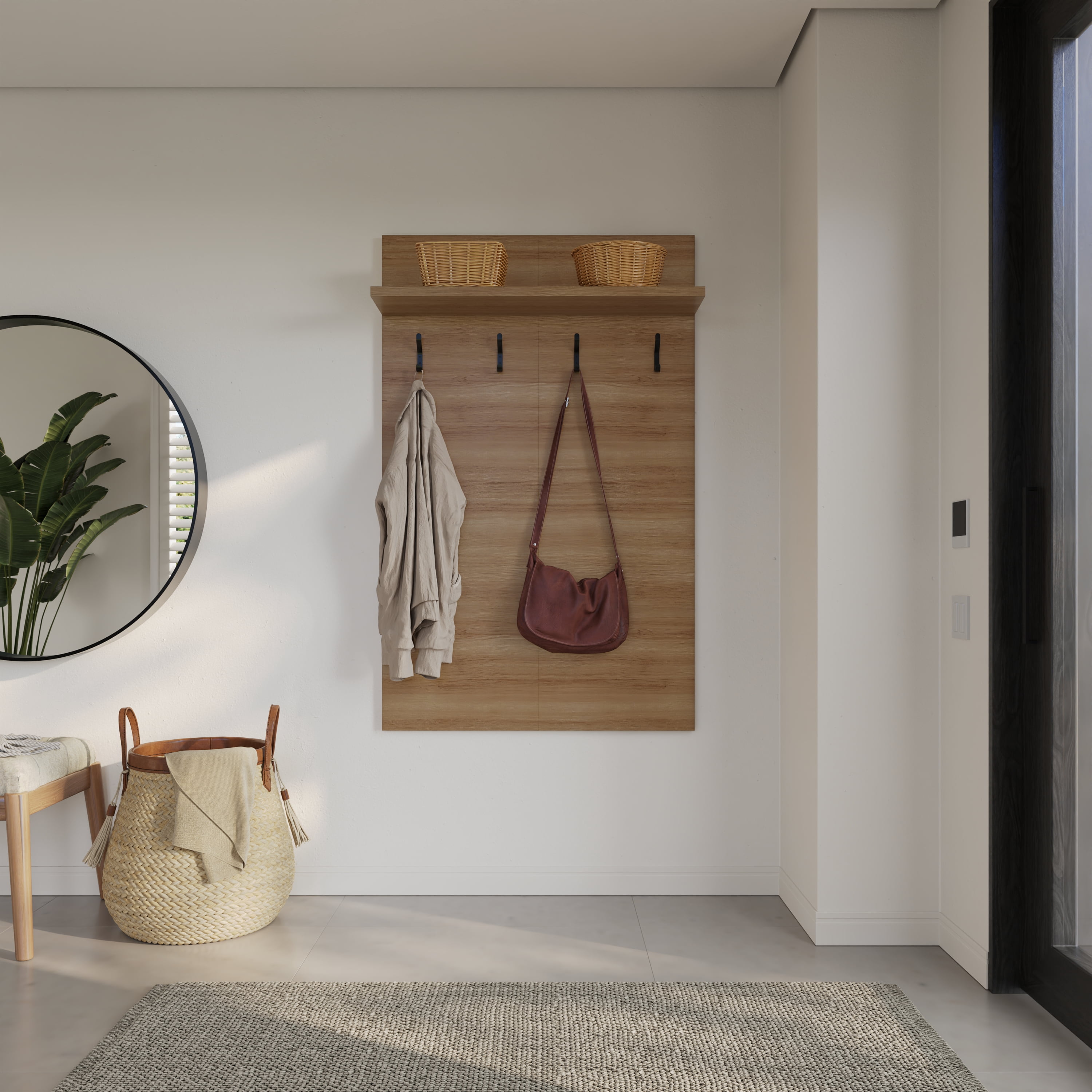 Nexera Porto Entryway Wall-Mounted Coat Rack with Shelf, Brown Oak