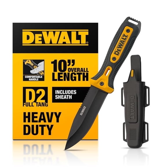 DEWALT 10-Inch D2 Steel Fixed Blade Knife with Full Tang Construction and Ergonomic Rubber Grip – Outdoor and Jobsite Utility Knife with Molded Sheath