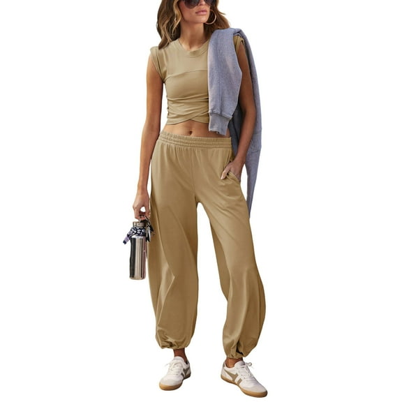 Lentta Women's Two Pieces Outfits Casual Lounge Sets Cropped Tops Sweatpants Tracksuit with Pockets