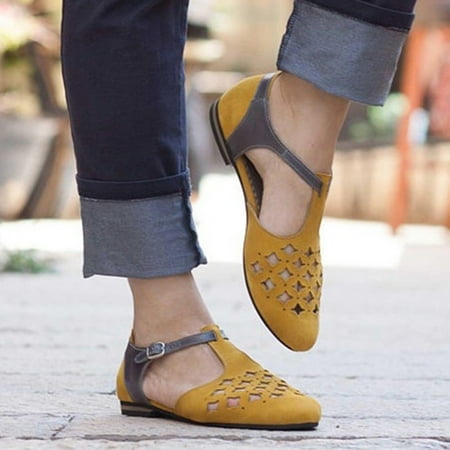 

Holiday Savings 2022! Rourlinge Women s Pointed Toe Buckle Hollow Out Comfy Casual Shoes Solid Comfortable Low Heeled Single Shoes Yellow 43
