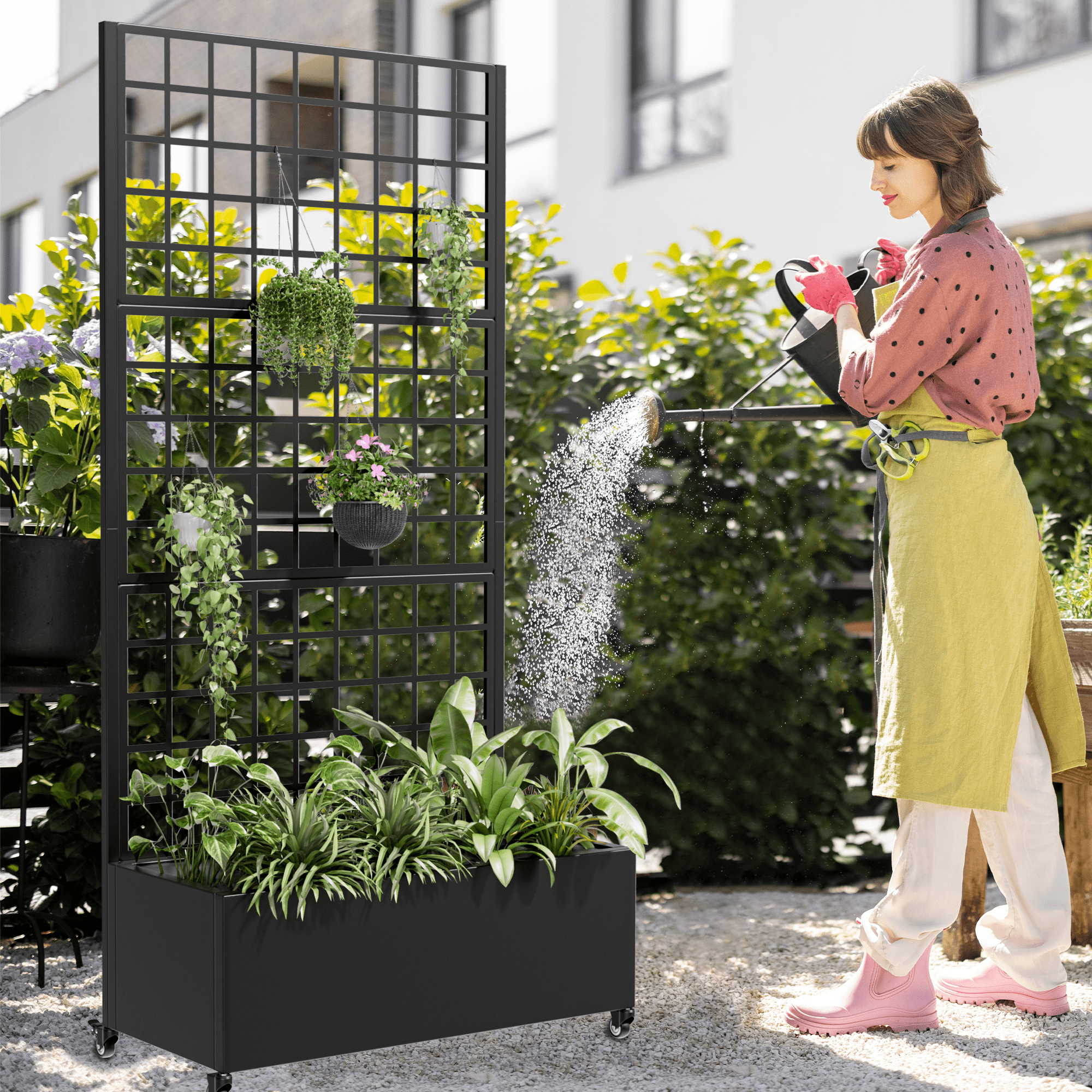MAYEERTY 35*16*71"Outdoor Black Metal Planter with Rect Climbing Trellis, Drainage hole & Wheels, Grid Pattern