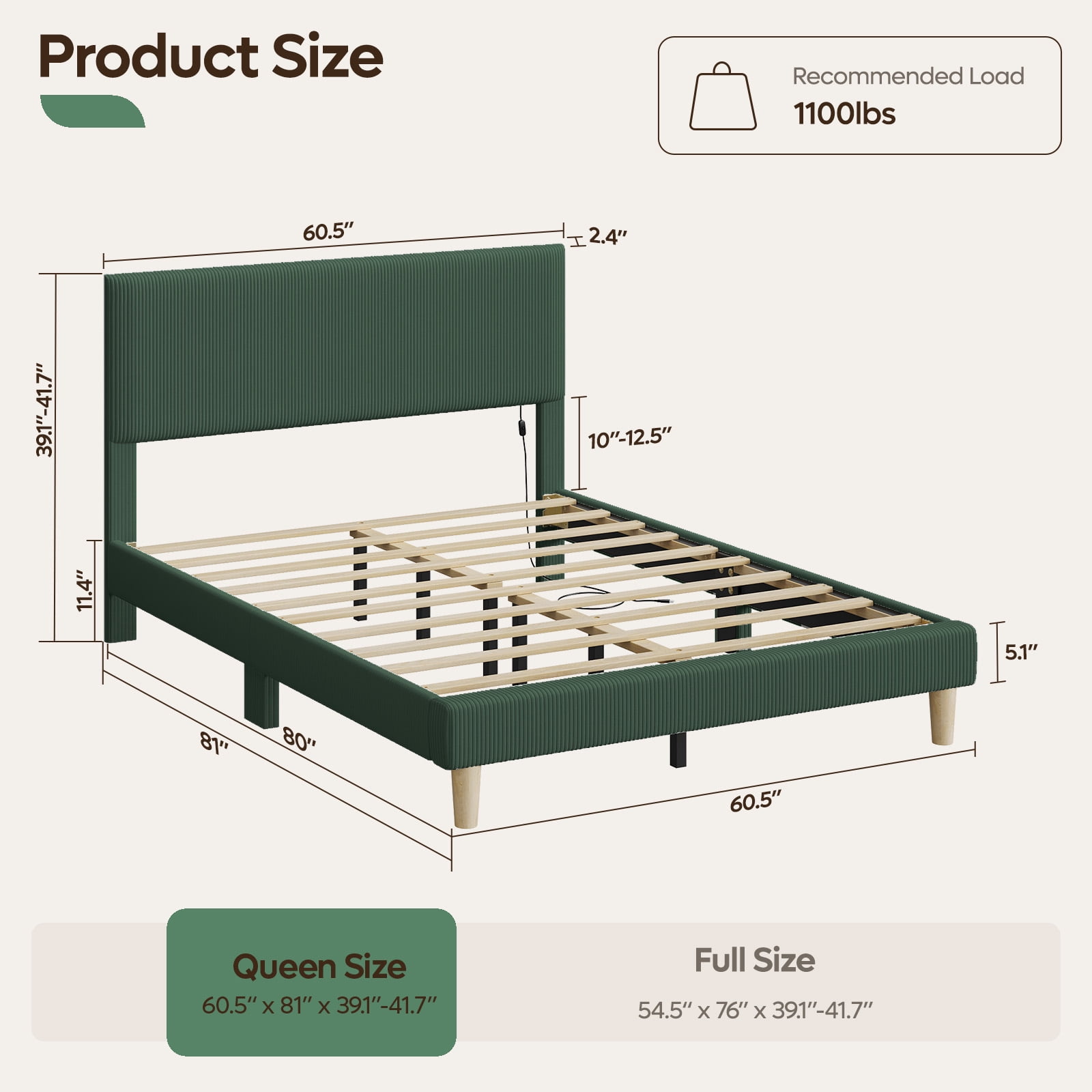 Bestier Corduroy Upholstered queen Bed Frame with Adjustable Headboard, Platform Bed Frame with LED Light, Solid Wood Slats, No Box Spring Needed, Green
