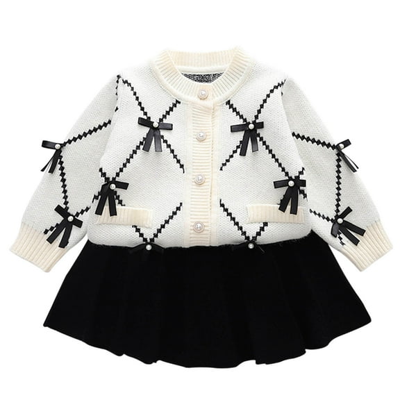qolati Toddler Girl Skirt Set Baby Fall Winter Clothes Knitted Buttons Sweaters Top Pleated Mini Skirt Set Cute Sweater Dresses Outwear