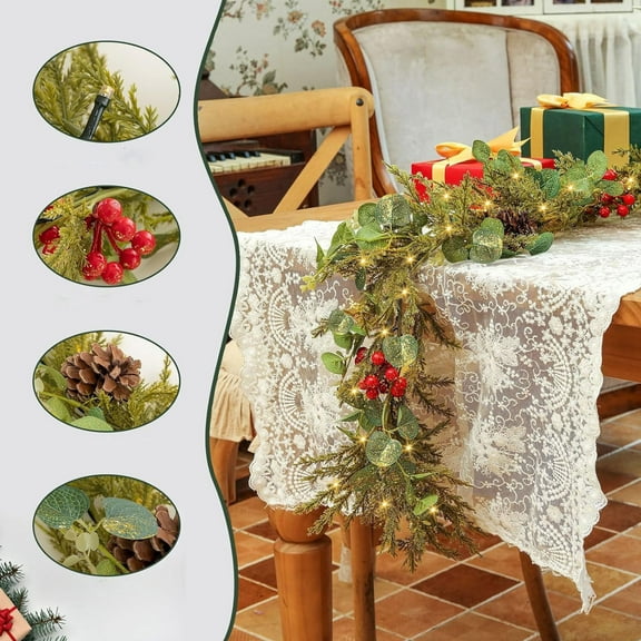 5.9FT Prelit Christmas Pine Vine Garland Decor,20 LEDs Realistic Green Cypress Pine Red Berry Garland with Lights Battery Operated for Mantle Stairs Railing Fireplace Xmas Decor