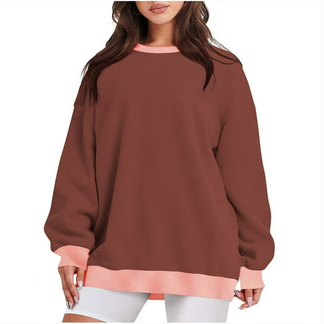 Timegard Chandail en Molleton pour Femmes Col Rond Manches Longues Chandail à Blocs de Couleur Automne Décontracté Confortable avec Poches