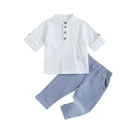 Hirigin Toddler Baby Boy Clothes Solid Color Cotton Linen Short Sleeve Henley Shirts and Long Pants 2Pcs Summer Outfits Set