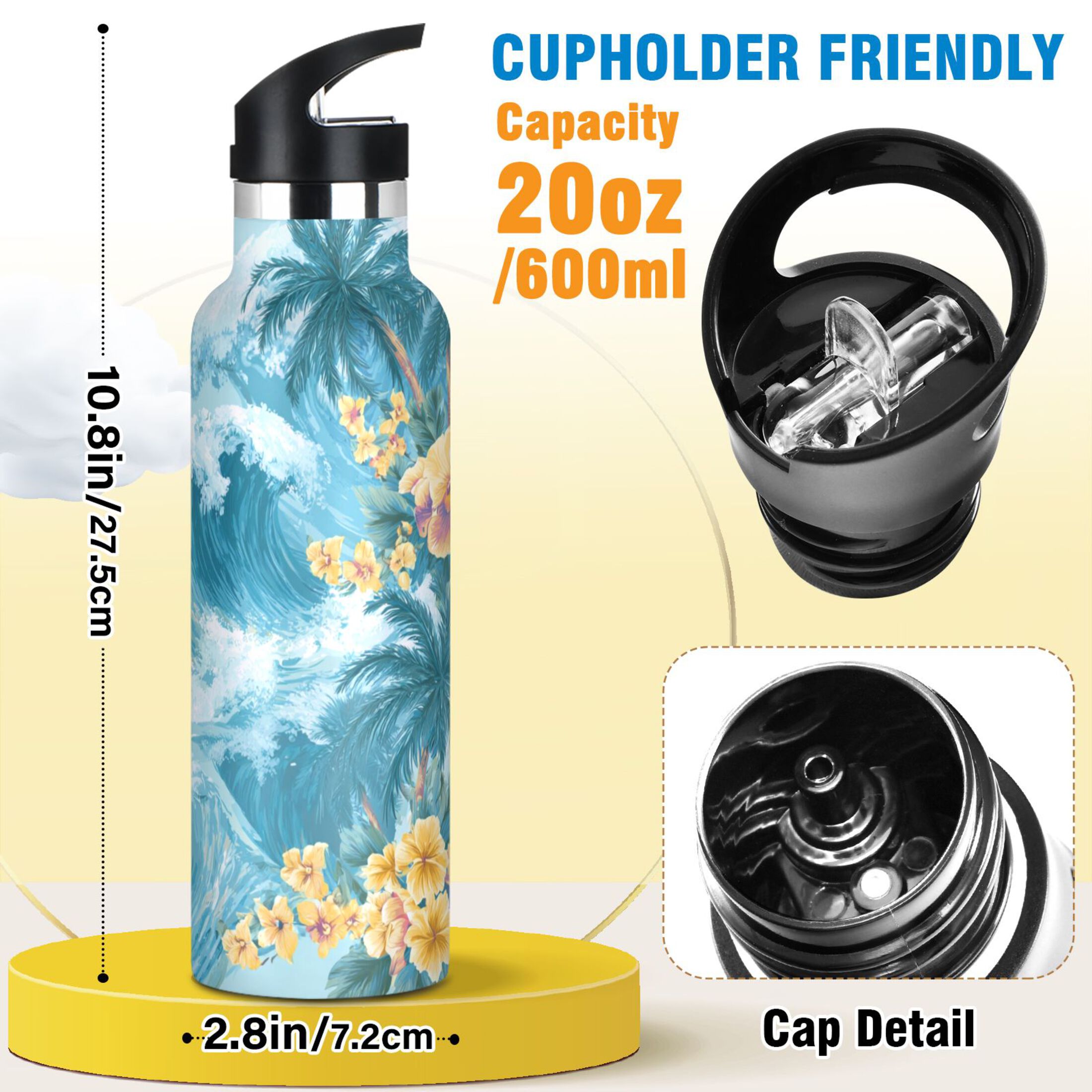 600ML Stainless Steel Insulated Cup Sports Water Bottle Portable Thermos Cup Water Glasses Insulated Tumblers Convenient and Durable Artistic Waves