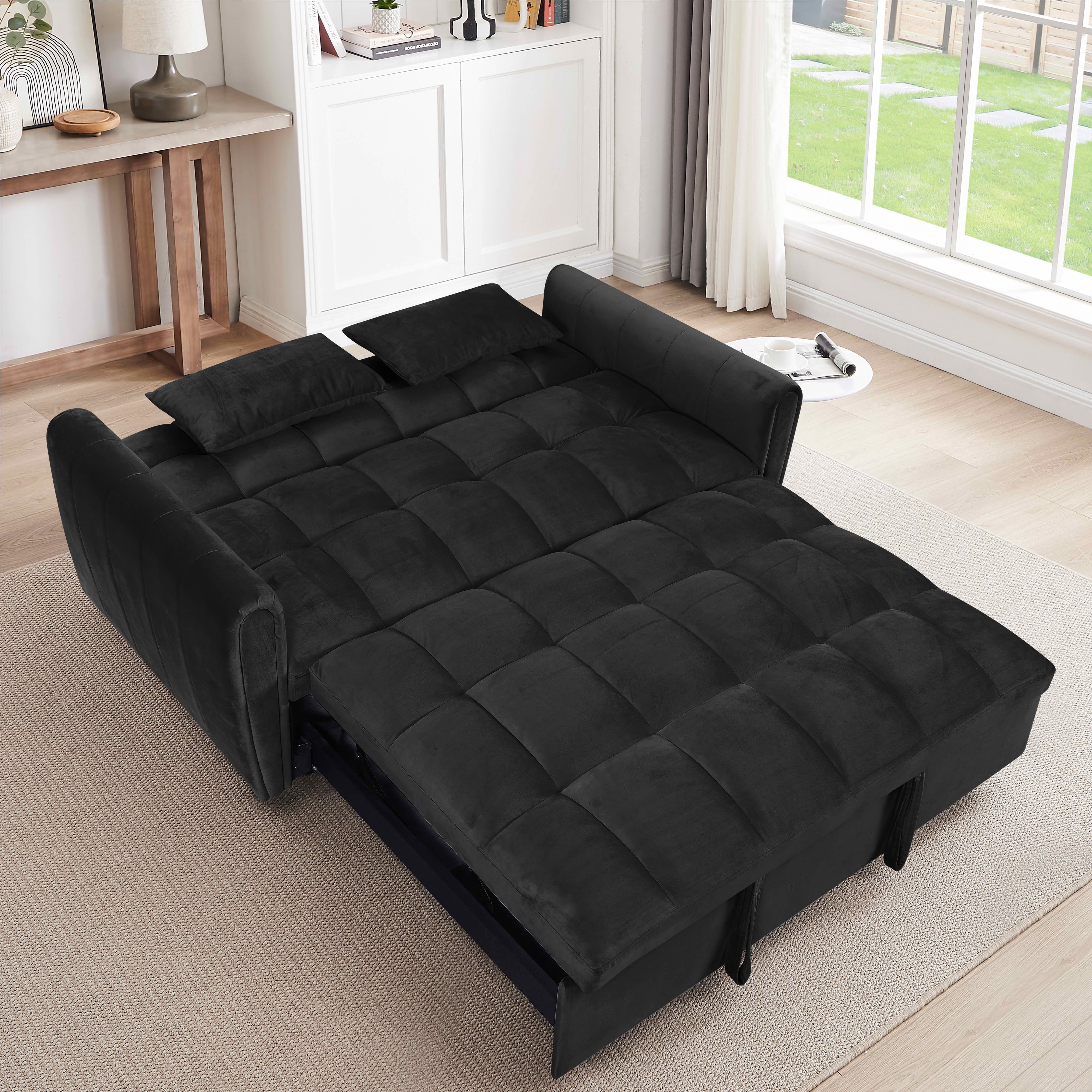 MAYEERTY 65 Inch Black Velvet 3-in-1 Convertible Foldable Sofa Bed, 2-Seat Adjustable Backrest Futon Couch with Throw Pillows