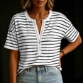 thumbnail image 6 of Aezemi Women Striped Button Shirts Pullover Loose Fit Short Sleeve Summer Daily Home Fashion Tees Baggy Outdoor Work Walking All Match Soft Casual Tops M, 6 of 7