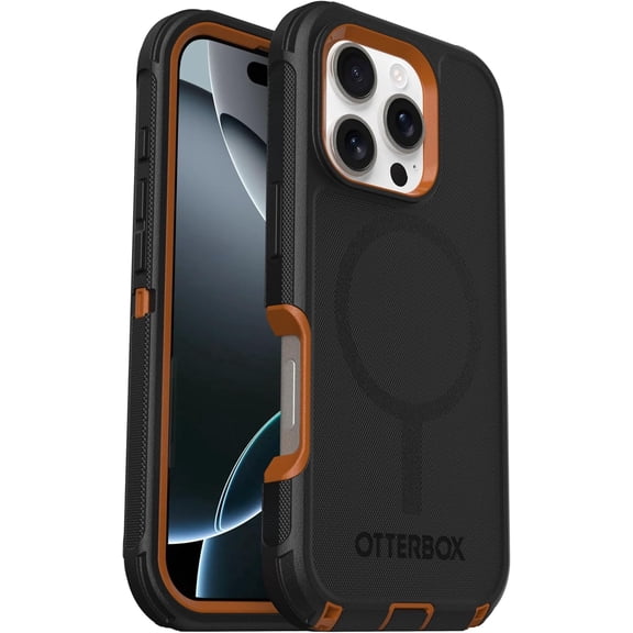 OtterBox iPhone 16 Pro (Only) Defender Series MagSafe Case - Iron Eclipse (Black & Orange) - Case Only - Built-in Magnets - Screenless, Rugged & Durable, with Port Protection, Non-Retail Packaging