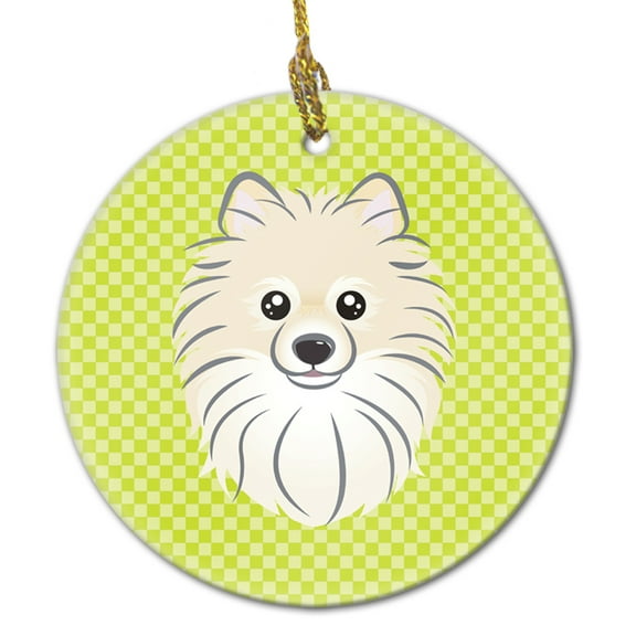 Checkerboard Lime Green Pomeranian Ceramic Ornament