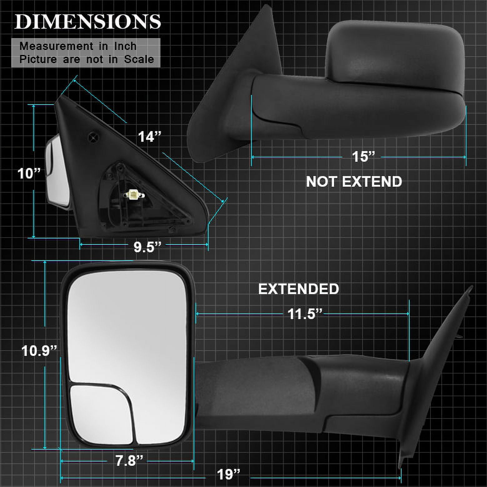 AKKON - For 02-08 Dodge Ram Extendable Towing Power Telescoping Wide Angle Side Mirrors Driver Left Side