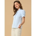 thumbnail image 4 of INSPIRE CHIC Women's Tie Neck Short Sleeve Shirt Puff Sleeve Button Front Lace Inset Stand Collar Blouse, 4 of 6
