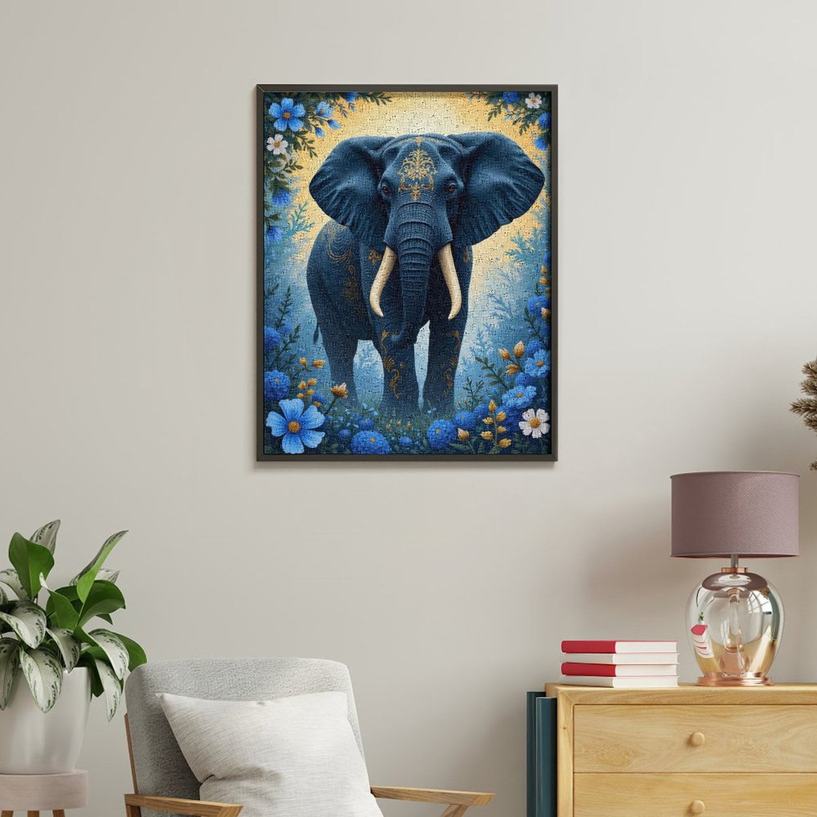 Paint By Numbers Kit for Adults Beginner - DIY Elephant Floral Blue Pattern Art Canvas Painting Kits for Adults, Frameless Paint By Number for Adults for Home Wall Decor 16x20 Inch