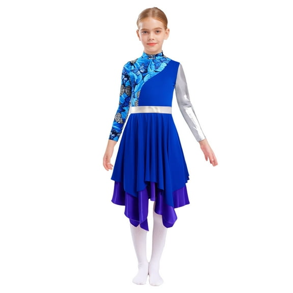 Doomiva Kids Girls Camouflage Print Color Block Liturgical Praise Dance Dress Long Sleeve Worship Lyrical Dancewear Blue 10