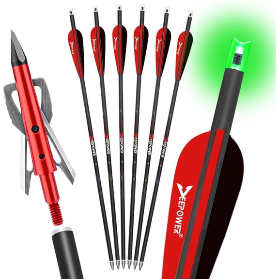 6 Pack Crossbow Bolts 20 inch GPI 9.9 with Broadheads 100 Grain and 7.62mm Lighted Nocks Crossbow Arrows for Hunting and Practice