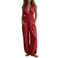 thumbnail image 2 of YYV Jumpsuits for Women Casual Summer Solid V Neck Sleeveless Wide Leg Jumpsuit with Pockets Loose Flowy One Piece Romper Red XXXL, 2 of 8