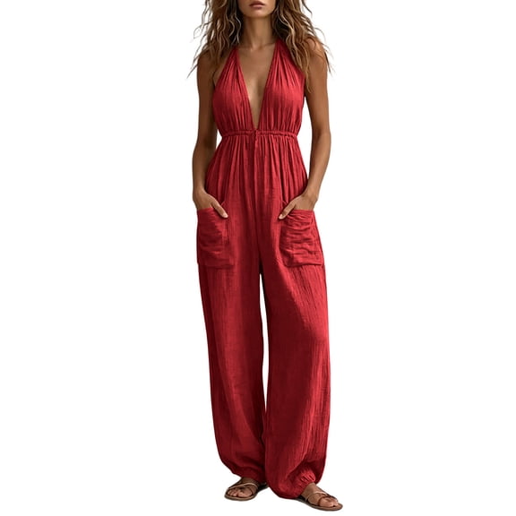 Hueook Cotton Rompers for Women One Piece Jumpsuits Summer Casual V-neck Sleeveless Wide Leg Jumpsuit with Pocket Red 3X