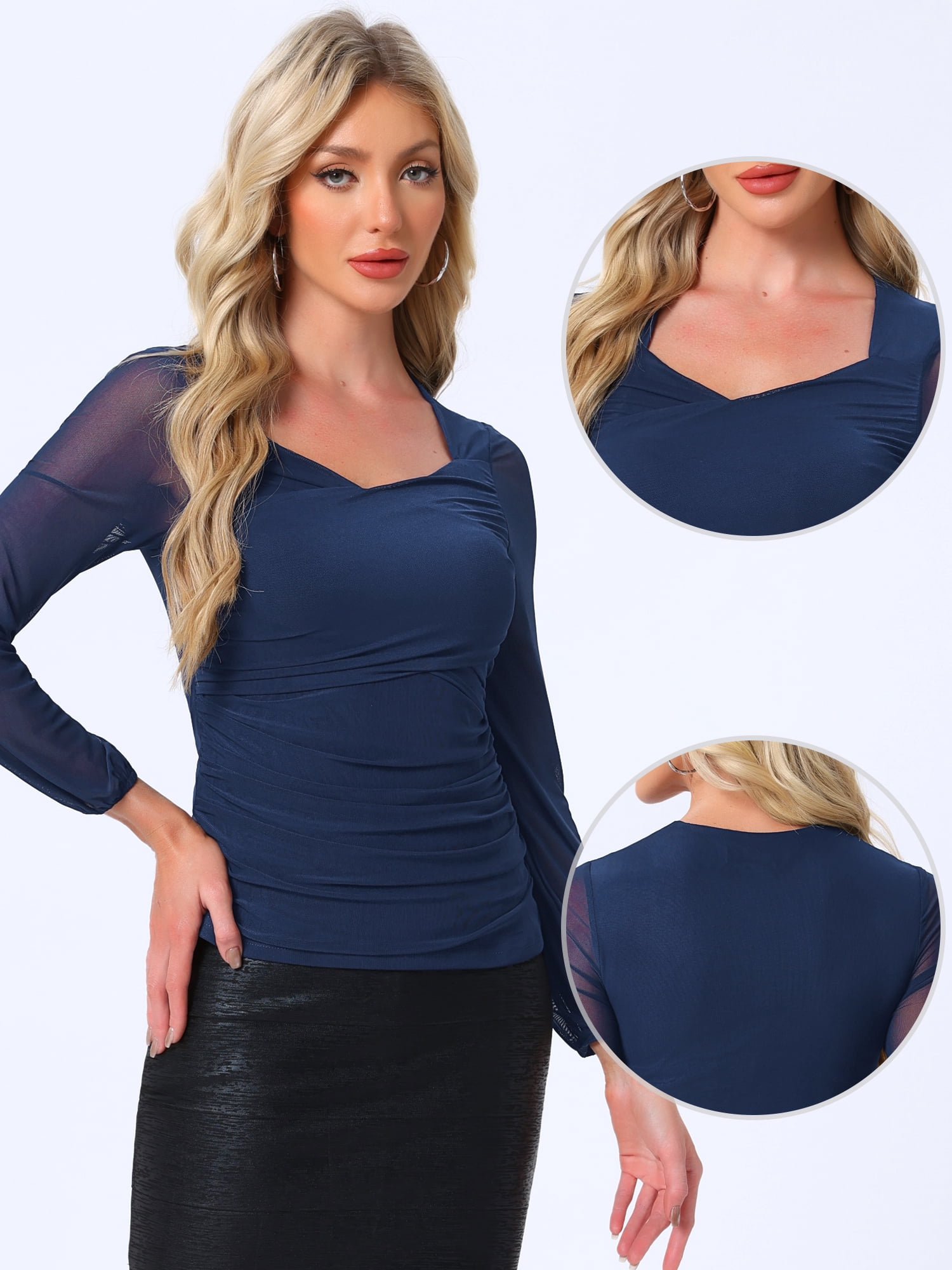 DARING DIVA Women's Long Sleeve Slim Fit Dressy Casual Wrap Tops M Navy Blue