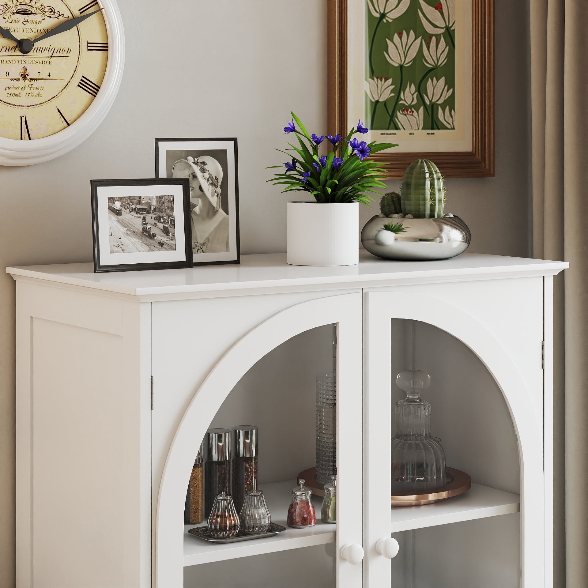 Farmhouse Storage Cabinet, Arched Tempered Glass Door Buffet Sideboard with Tiered Top, 2‑Drawer Pantry Cabinet for Kitchen Dining Living Room Entryway Coffee Bar