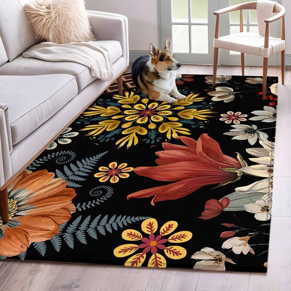 Rectangle Area Rugs 4 x 6 Ft, Bohemia Non-Slip Residential Carpet, Vintage Boho Floral Flowers Leaves Plants Black Indoor Crawling Mats Runner Rugs for Living Room/Dining Room/Bedroom