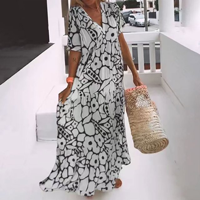 Robes pour Femmes 2024 Été Surdimensionnée Col en V Imprimé Manches Courtes Patchwork Décontractée Longue Robe Rabais de 50 % Liquidation!
