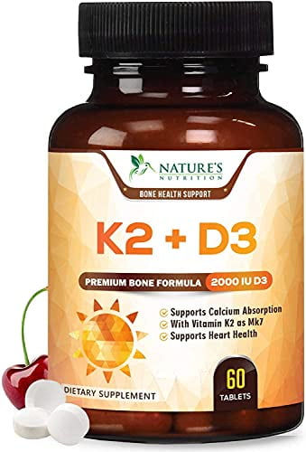 Nature's Nutrition Vitamin D3 K2 Supplement - High Potency Vitamin D Complex - for Heart Health Support, Bones, Teeth & Immune Support - 60 Chewable Tablets