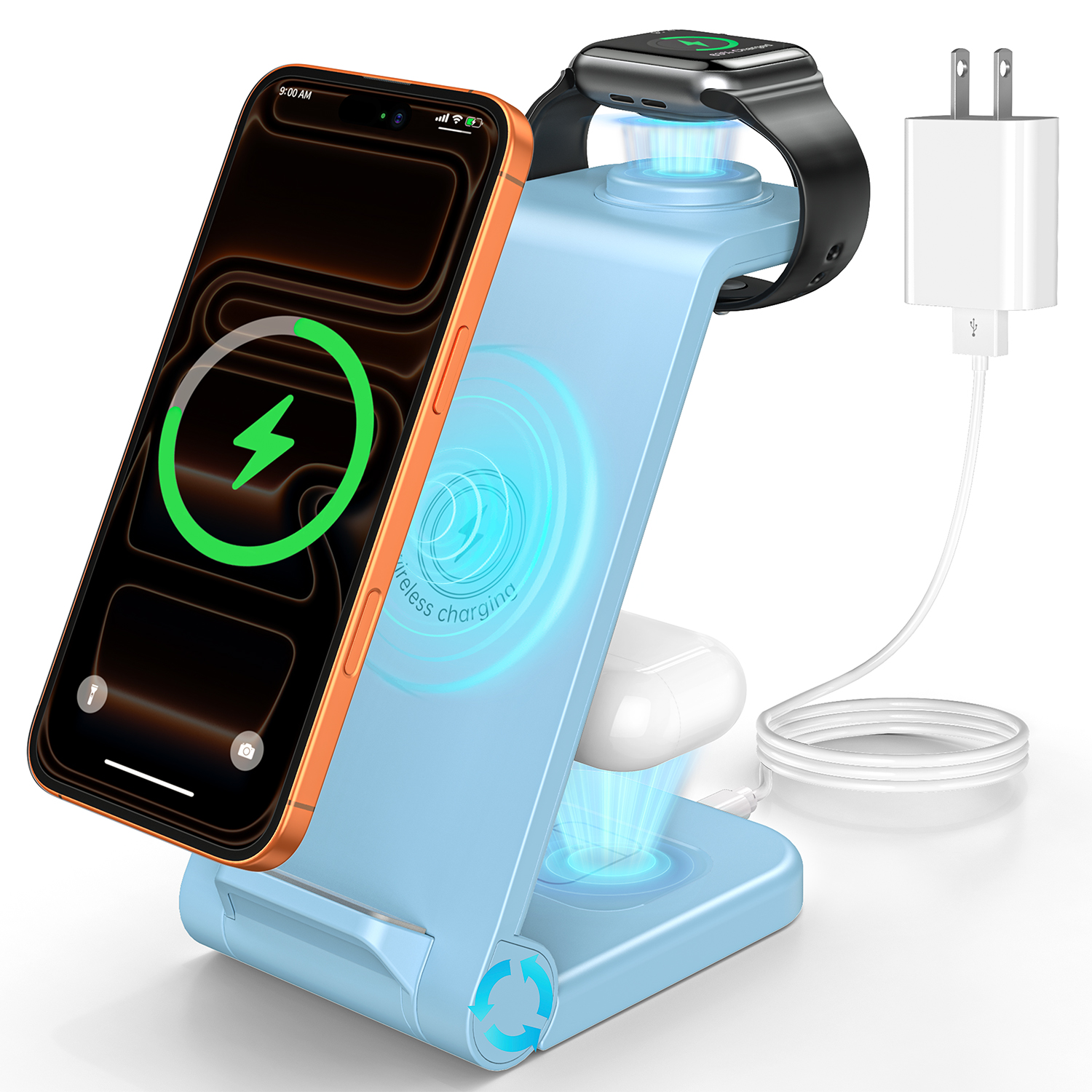 Cshidworld 3-in-1 Wireless Charging Station, Blue