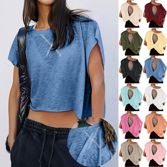 Lcziwo Short Sleeve Tops for Women Open Back Y2K Slouchy Cropped Tees Backless Athletic Running Gym Shirts 2026 Orange,S