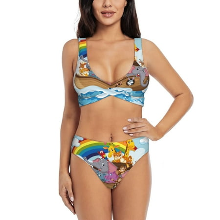Zeuib Rainbow Animals on Noah s Ark High Waisted Tummy Control Bikini Set - Knot Front Push Up Top & Cheeky Thong Bottom  Two-Piece Swimsuit for Women-Large