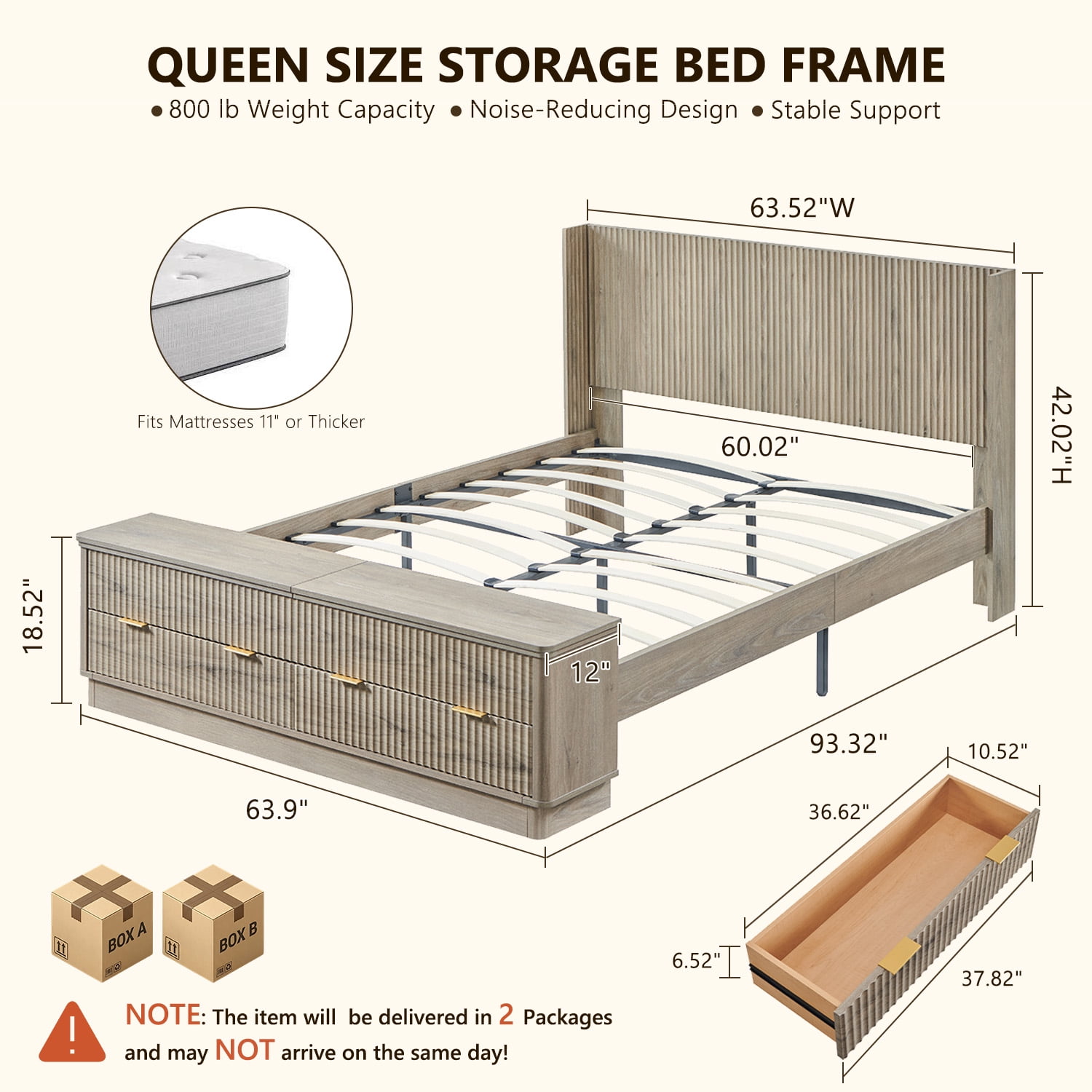 KeyWhat Modern Fluted Queen Size Bed Frame with Headboard & Storage Footboard, Built-in Drawers & Lift-Up Gas Struts, Solid Wood Slats, No Box Spring Needed, Grey Alder