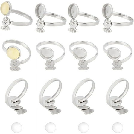 DIY Blank Dome Open Ring Making Kit Including 304 Stainless Steel Cuff Ring Pad Ring Setting Glass Cabochons Stainless Steel Color Size 7(17.3mm) Tray: 8mm and 8.5x7mm 32Pcs/box