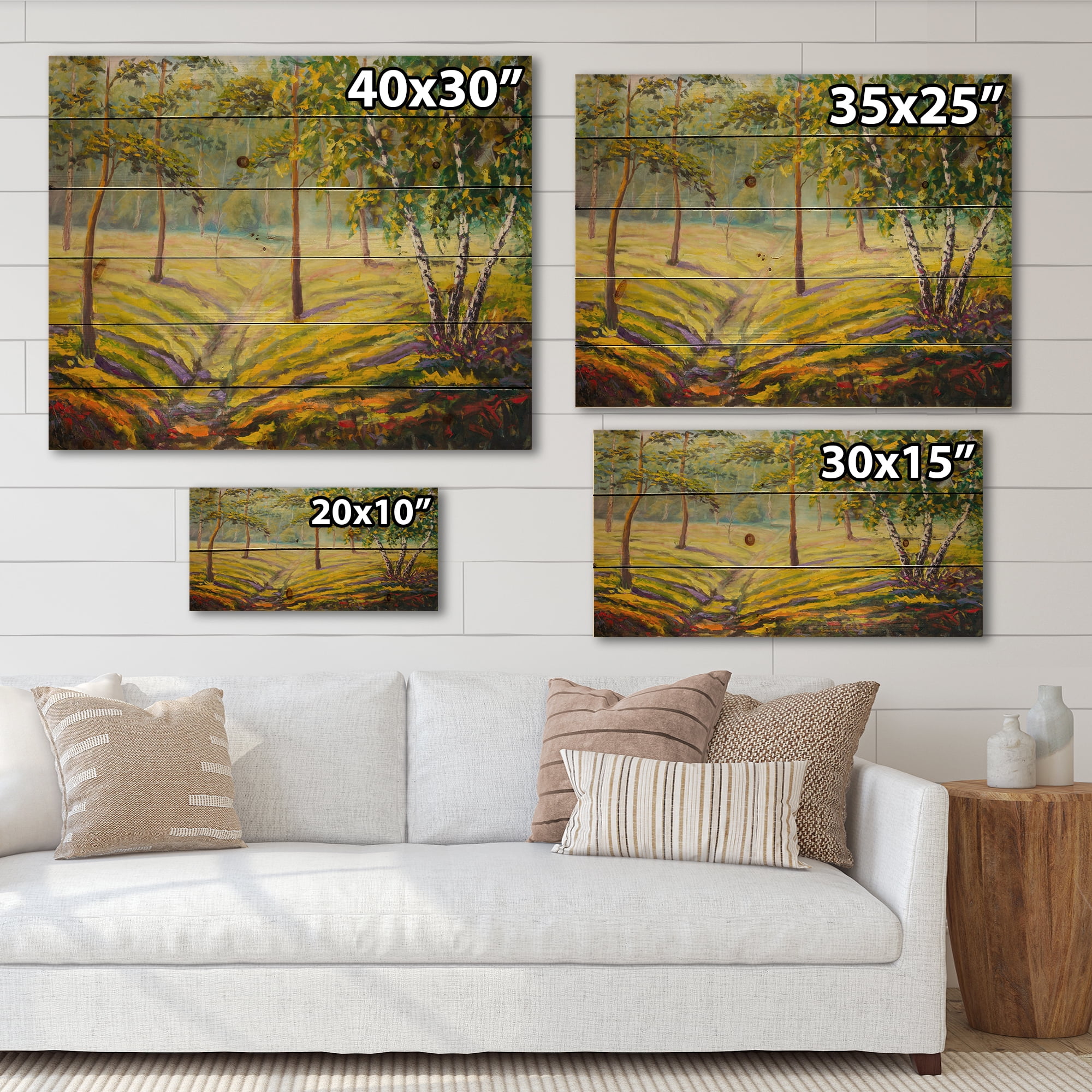 Designart 'Bushes and Pine Trees In The Forest II' Traditional Print on Natural Pine Wood