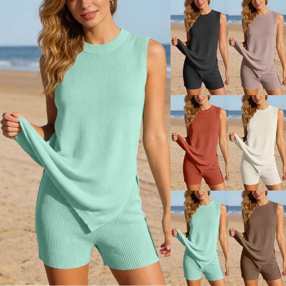 CAIXIA 2 Piece Sets for Women Summer, Sweater Set Sleeveless Tunic Top and Shorts Beach Vacation Sets Tracksuits