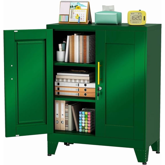 35.43" Metal Storage Cabinet with Lock, 2 Doors & 2 Adjustable Shelves, Steel Utility Locker for Home, Office, or Warehouse (Green)
