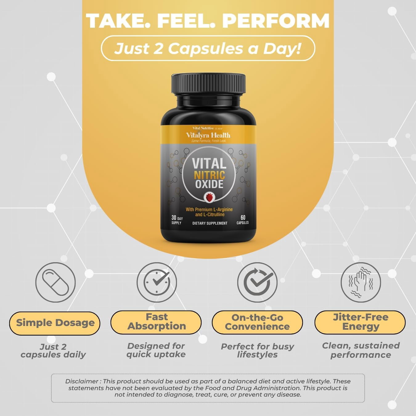Vitalyra Nitric Oxide Supplement for Men with L-Arginine & L-Citrulline, Blood Flow Support, 60 Capsules