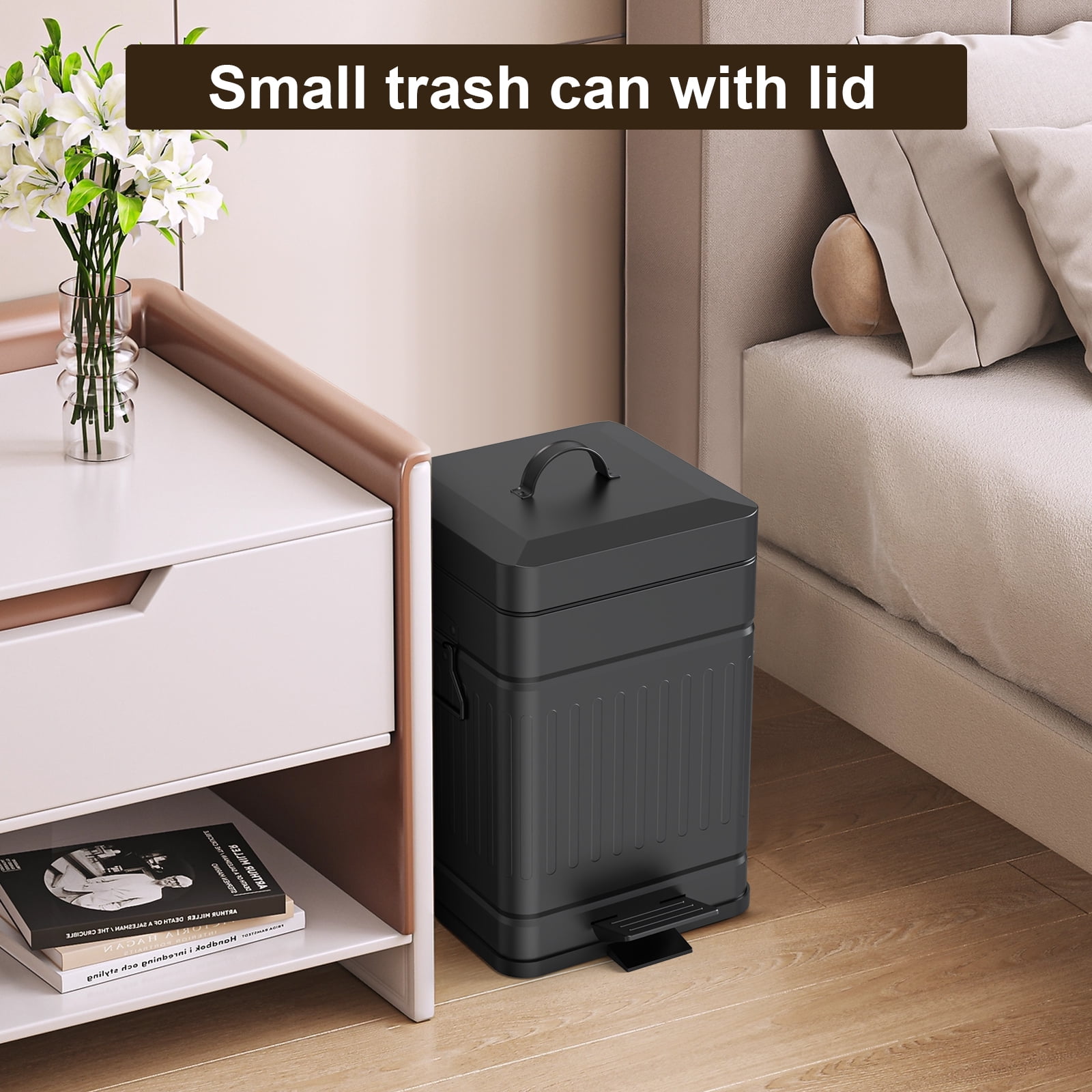 TINANA Small Trash Can with Lid: 5L, 1.3 Gallon Stainless Steel Dog Poop Trash Can, Rectangle Trash Can with Step Pedal, Retro Kitchen Garbage Can for Farmhouse, Craft Room, Office, Garage, Black